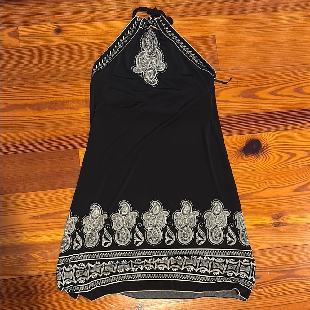 Black Halter Dress with White Paisley Accents